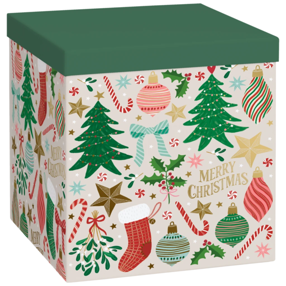 Geschenkbox „Charlize“ | 23×24×23 cm, 120 g/m², beige/dunkelgrün