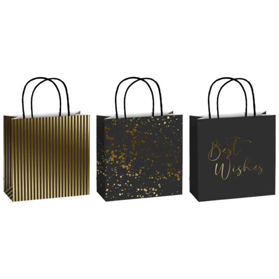 Geschenktaschen-Set „Sprenkel“ | 20×20×8 cm, 200 g/m², schwarz/gold, 3 Stück