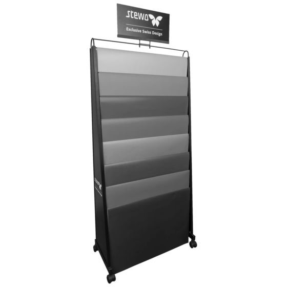 Bodendisplay „BG-Leiter 70x100“ | 750×1780×360 mm, RAL 9005, schwarz