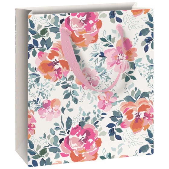 Geschenktasche „Roses“ | 18×21×8 cm, 180 g/m², weiß/hellrosa