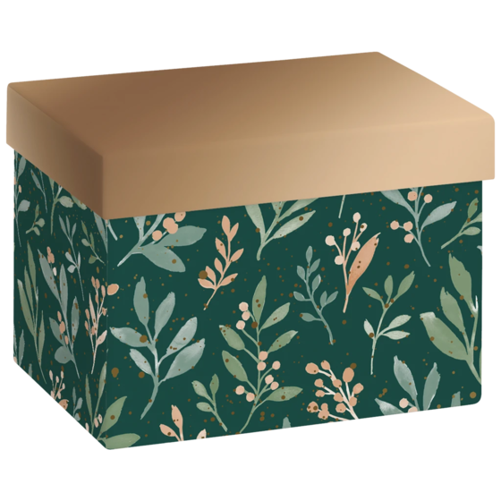 Geschenkbox „Arona“ | 12×12×16,5 cm, 120 g/m², dunkelgrün/bronzegold